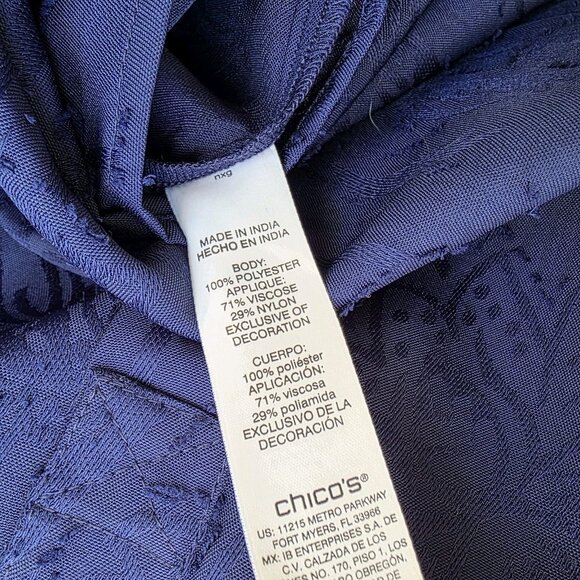 Chico's Size 2 I US 12 L Blue Jacquard Shirt Blouse Top Velour Embroidered Boho - Picture 4 of 6